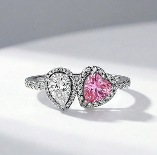 Anillo corazón rosa y lágrima