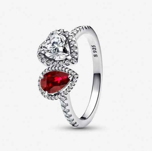 Anillo corazón y diamante lágrima rojo