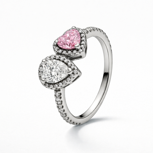Anillo corazón rosa y lágrima